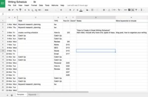 Writing Schedule on Google Sheets