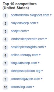 Top 10 competitors in sleep niche